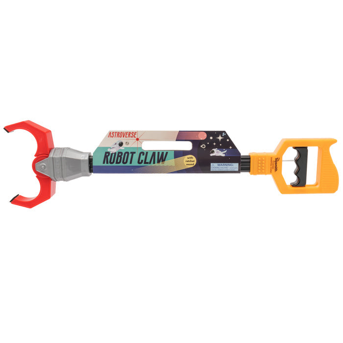 The Astroverse Robot Claw by Astroverse features a yellow handle, a space-themed label, and a gray and red claw—just squeeze the trigger for fun mechanical grabbing play.