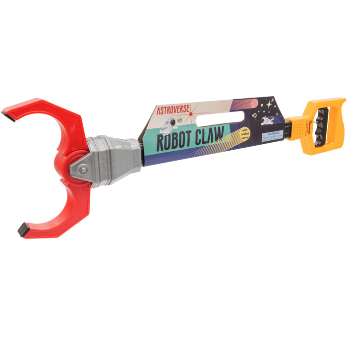 The Astroverse Robot Claw by Astroverse features a red claw, gray hinge, yellow handle, squeeze trigger, and a space-themed label for colorful and interactive mechanical play.