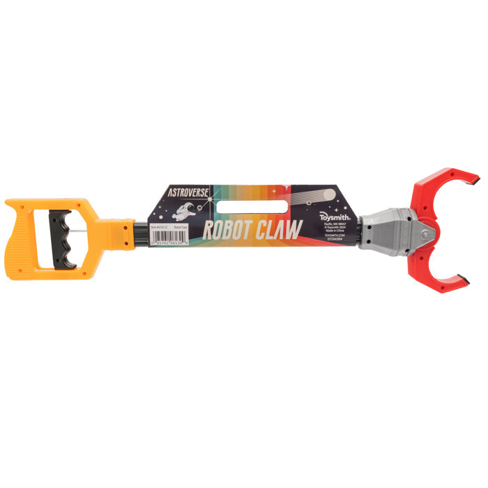 The Astroverse Robot Claw by Astroverse features a yellow handle, black grip, and red claw. Its packaging has space-themed graphics. Enjoy mechanical play with the fun squeeze trigger action!.
