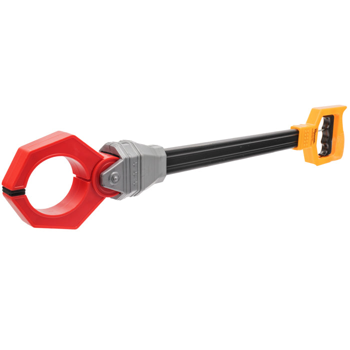 The Astroverse Robot Claw by Astroverse is a plastic toy grabber with a red robot claw, gray joint, black handle, and yellow squeeze trigger grip, designed for mechanical play by picking up objects when squeezed.