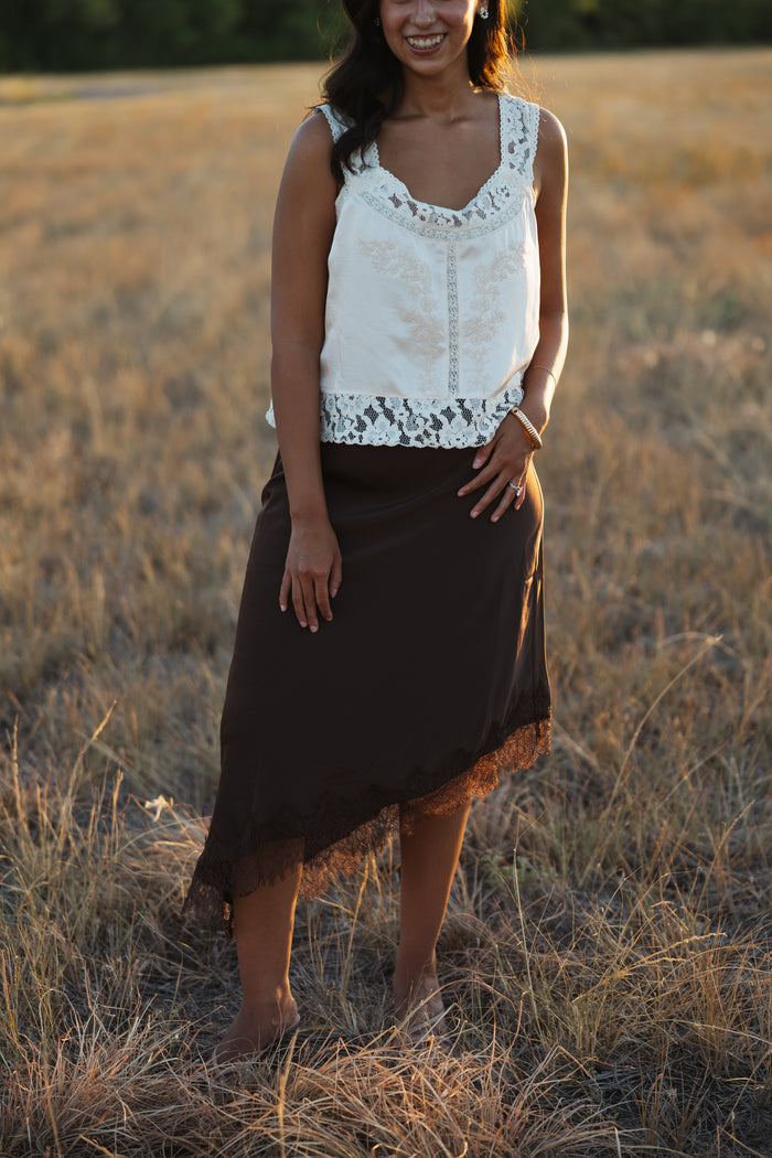 Asymmetric Lace Brown Skirt
