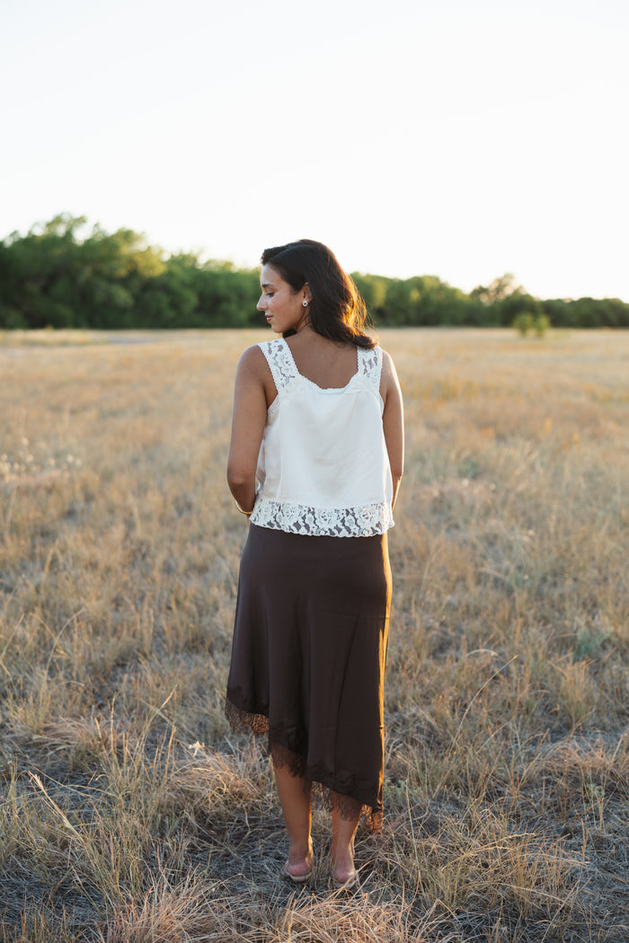 Asymmetric Lace Brown Skirt