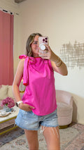 Asymmetric Pleated Shoulder Bow Top