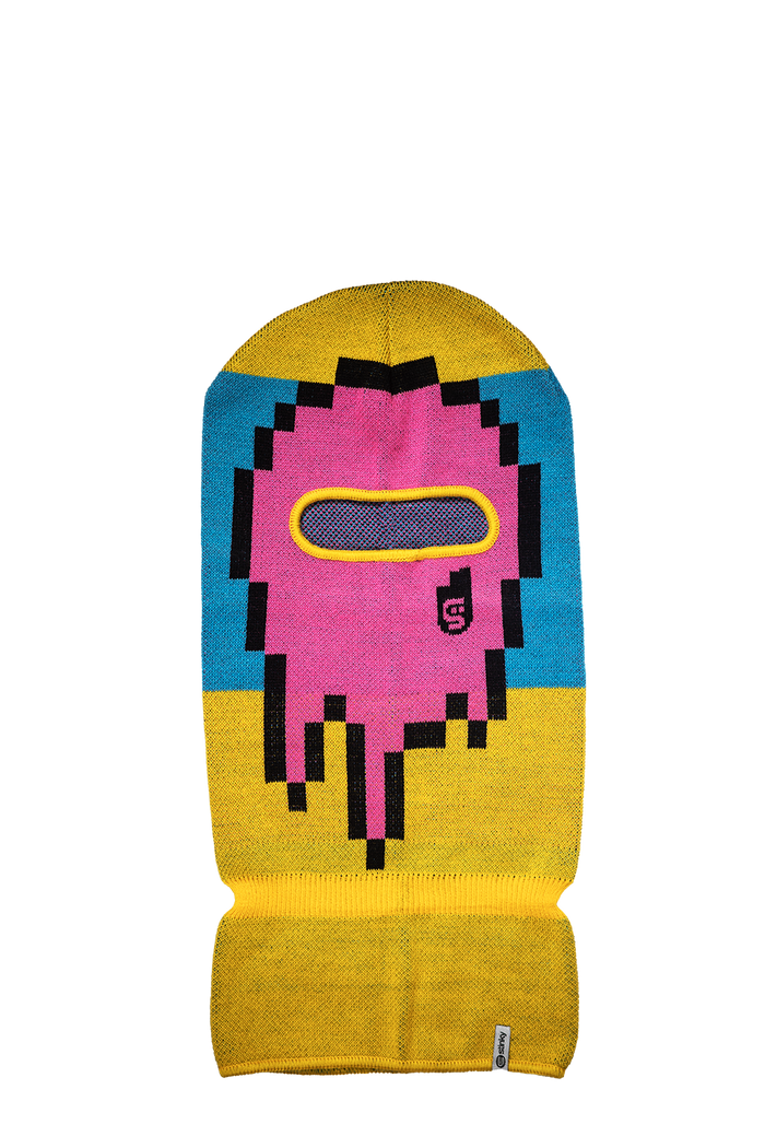 Colorful sock with a pixelated design on a white background