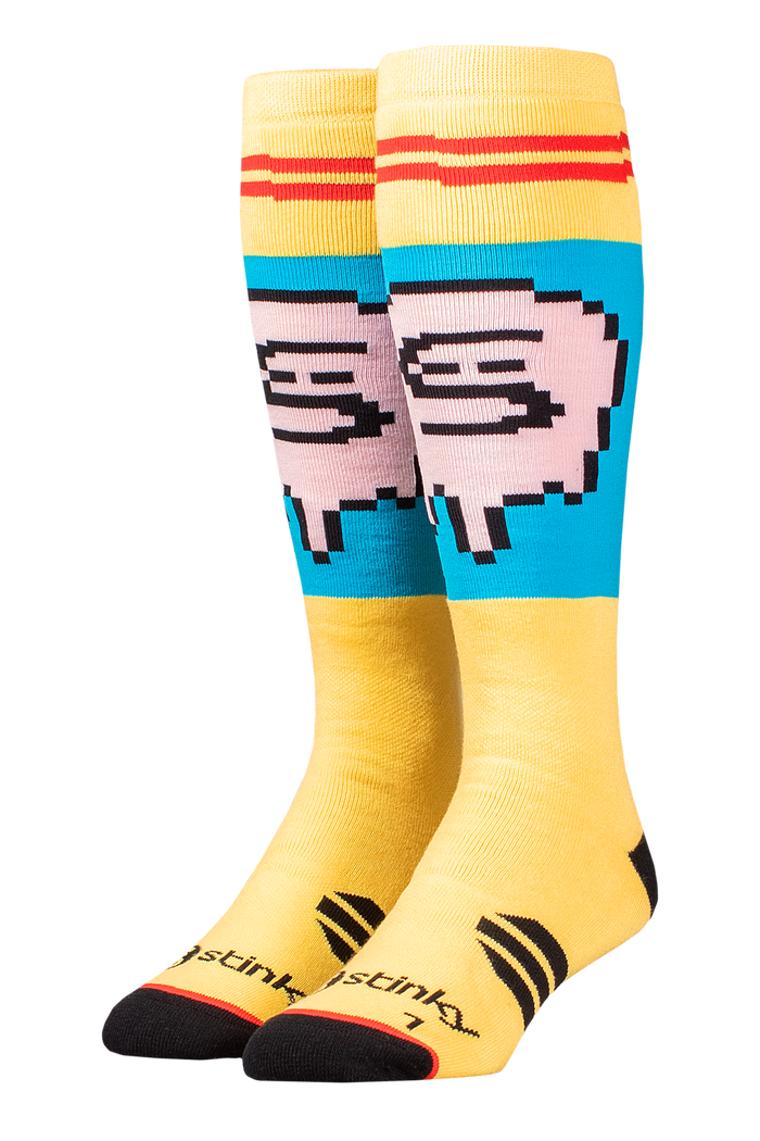 Pair of socks with pixelated face design on a white background