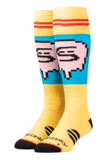 Pair of socks with pixelated face design on a white background