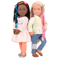Two 18-inch dolls with colorful hair accessories