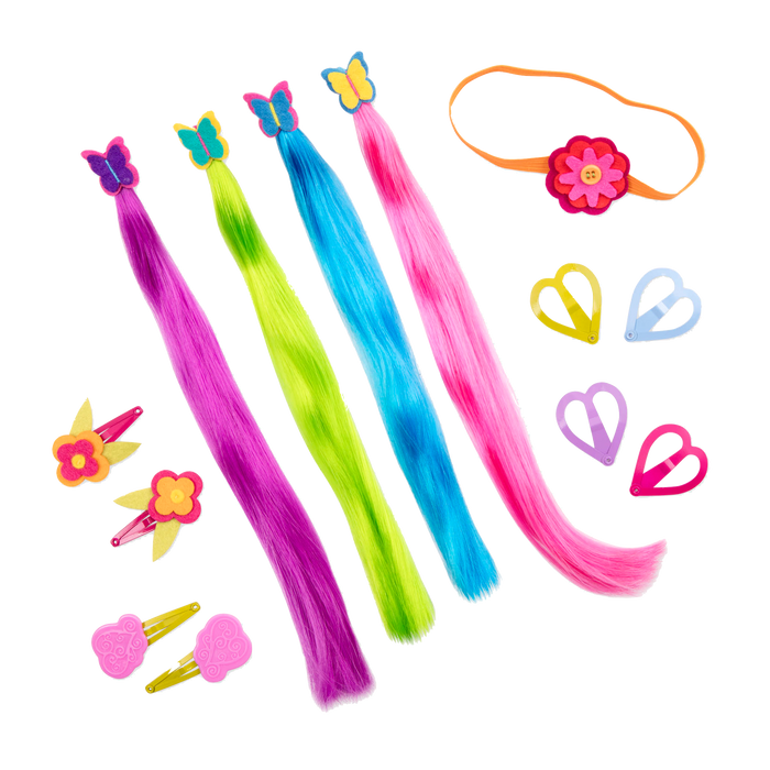 Two 18-inch dolls with colorful hair accessories