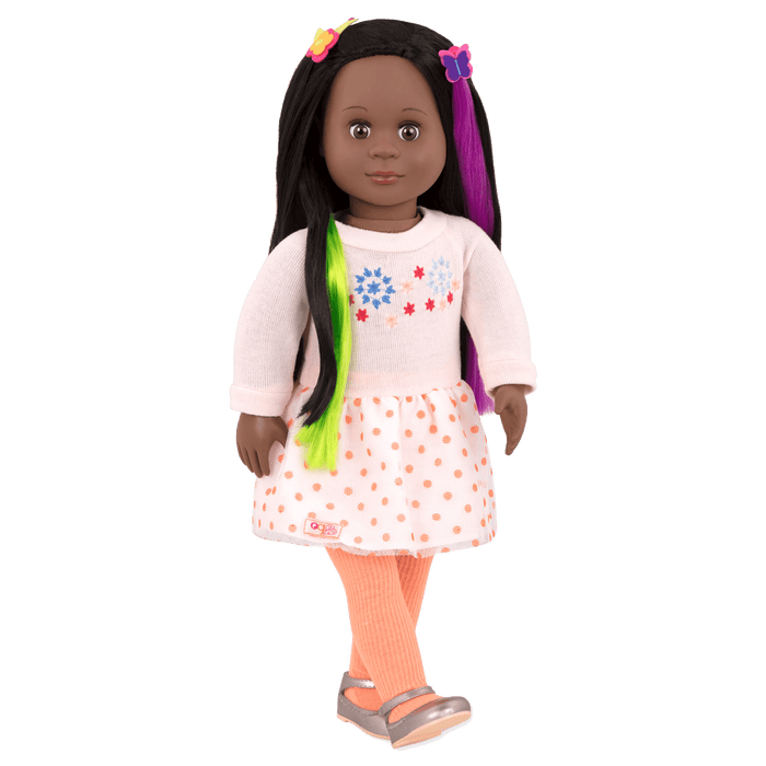 Two 18-inch dolls with colorful hair accessories