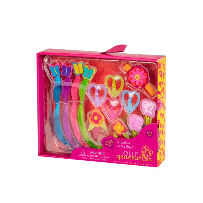 Two 18-inch dolls with colorful hair accessories