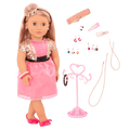 18-inch doll with blonde hair, gray eyes, jewelry and stand
