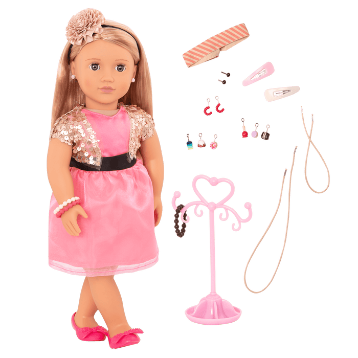 18-inch doll with blonde hair, gray eyes, jewelry and stand