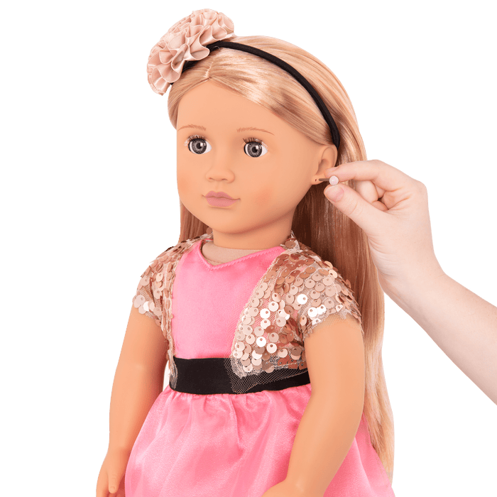18-inch doll with blonde hair, gray eyes, jewelry and stand