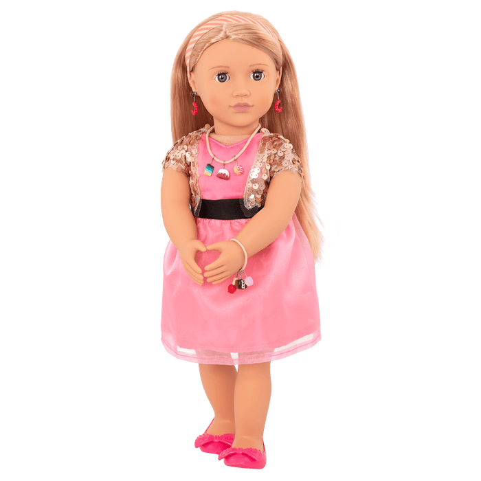 18-inch doll with blonde hair, gray eyes, jewelry and stand
