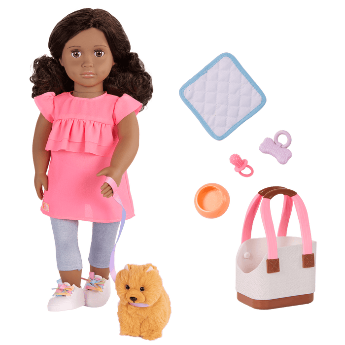 Our Generation 18-inch Doll Ayanna and her pet dog Goldie and dog accessories