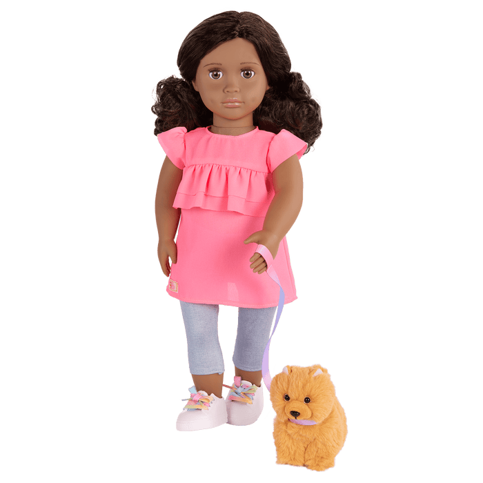 Our Generation 18-inch Doll Ayanna and her pet dog Goldie and dog accessories