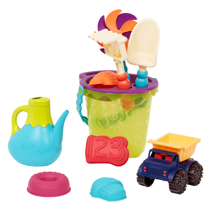 Beach toys with lime bucket.