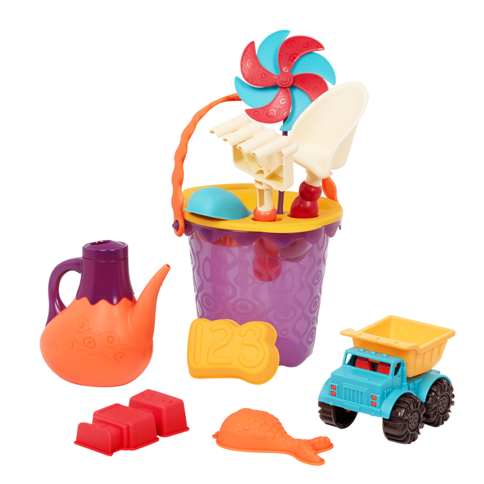 Beach toys with purple bucket.