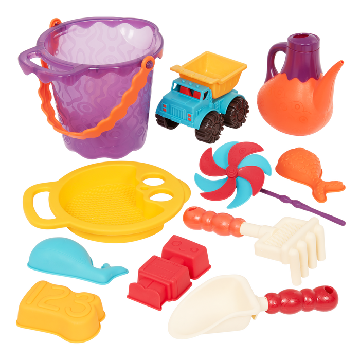 Beach toys with purple bucket.