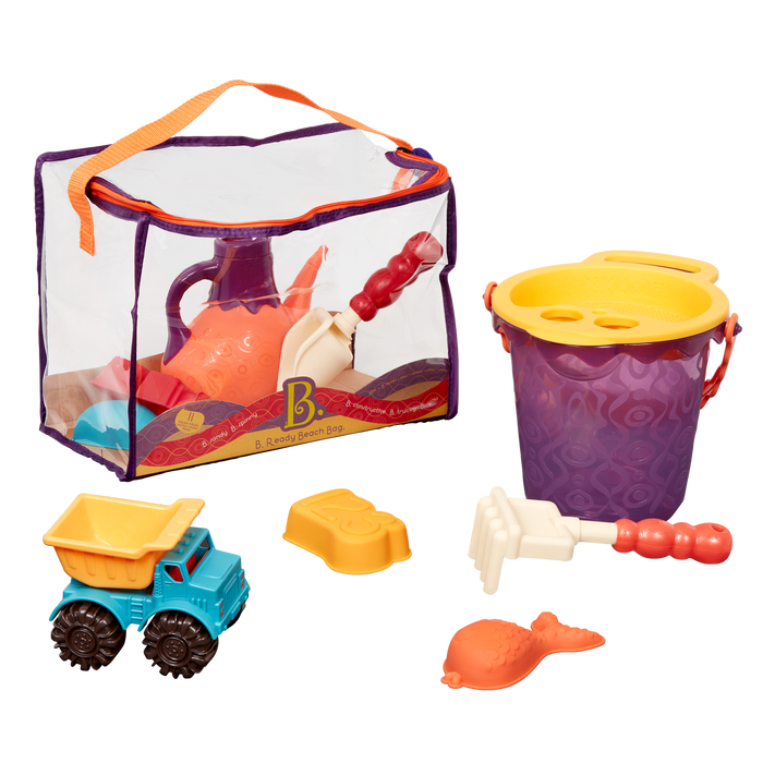 Beach toys with purple bucket.