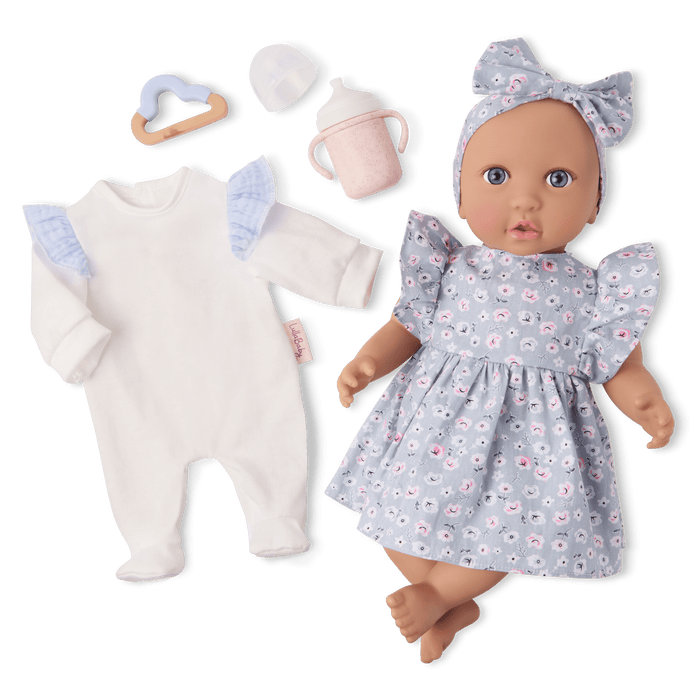 LullaBaby Doll with Blue Floral Dress and Cup