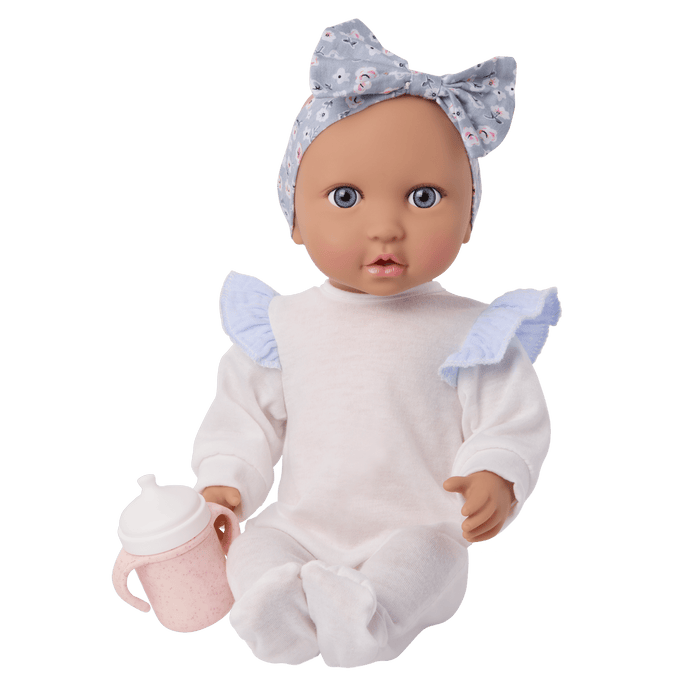 LullaBaby Doll with Blue Floral Dress and Cup