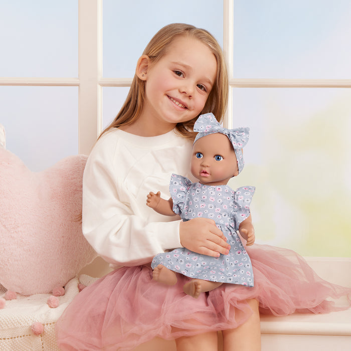 LullaBaby Doll with Blue Floral Dress and Cup