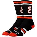 Black socks with red and white accents and 'Stink' branding on a white background