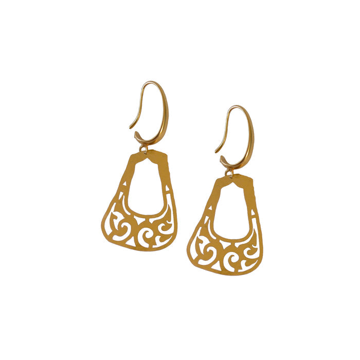 A pair of gold-colored hook earrings with geometric openwork design, inspired by ancient Bactrian gold ornaments.