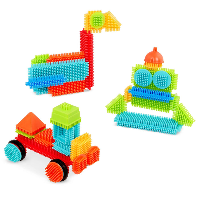 Colorful building blocks laid out, so you can see all the pieces.