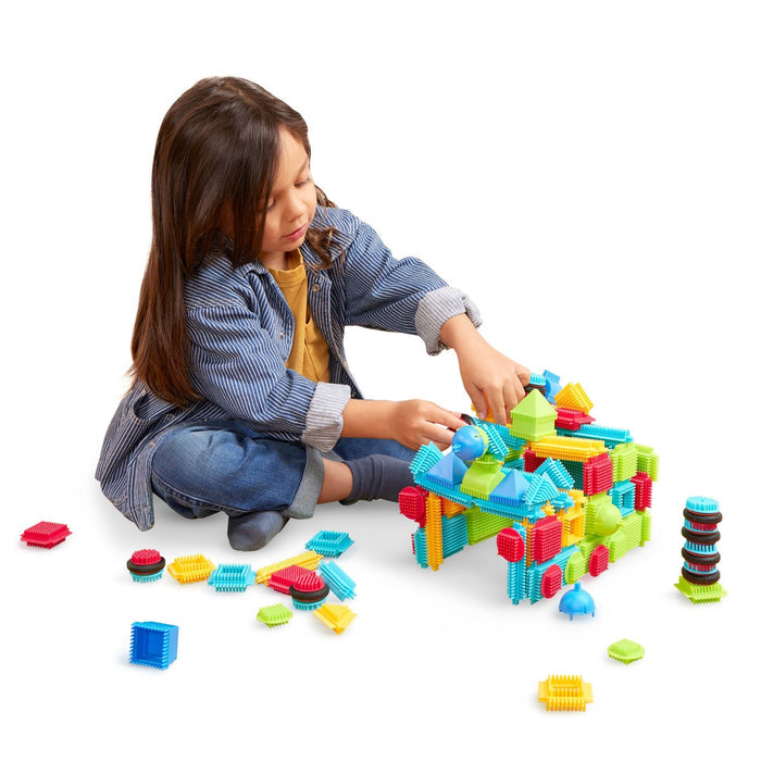 112 pc building block set, laid out to show all the coloful pieces.