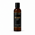 A 4 fl oz amber glass bottle of Bask & Bother Beard Oil with a black cap and black label featuring gold and white text, set against a plain white background.