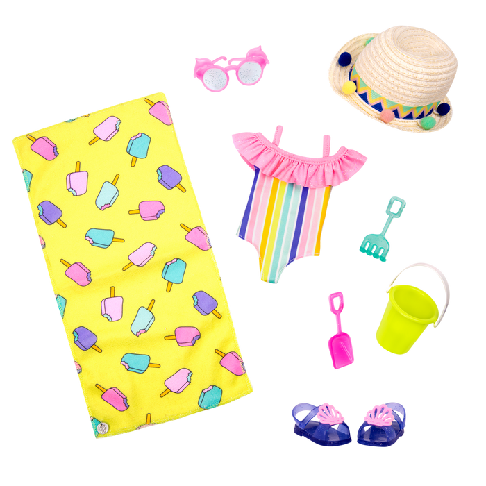 Rainbow swimsuit with beach accessories for 14-inch doll
