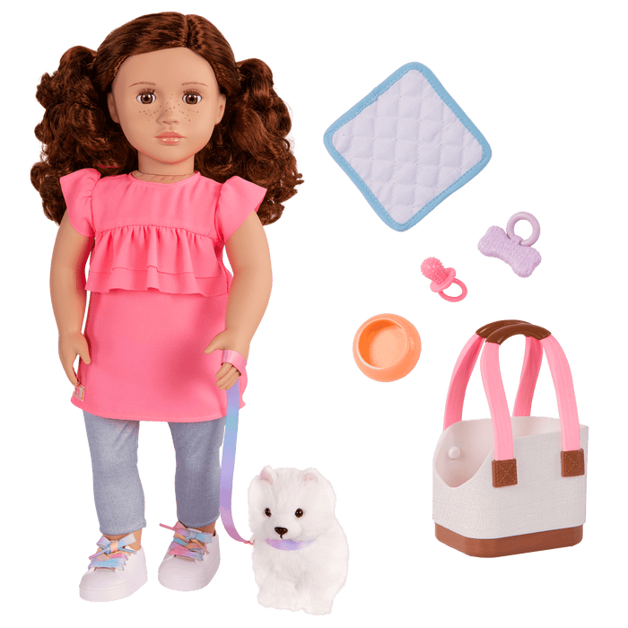 Our Generation 18-inch Doll Becca and her pet dog Pearl with pet accessories