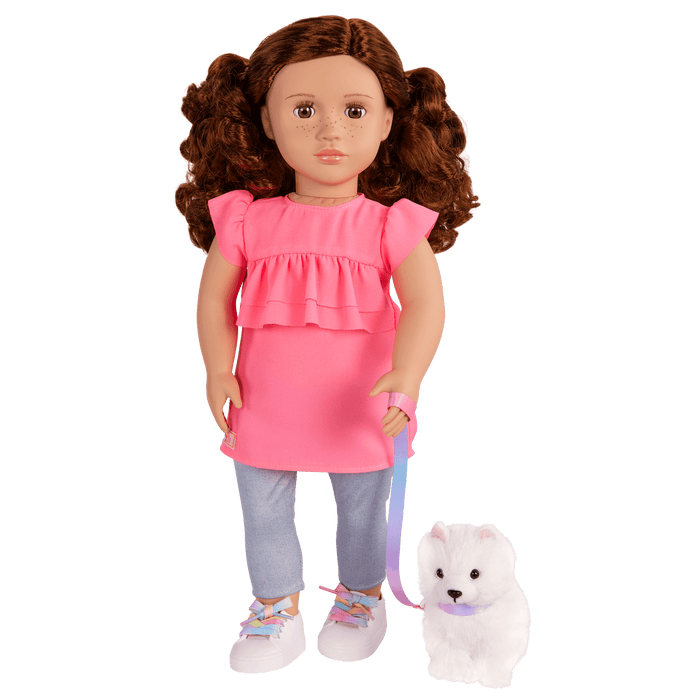 Our Generation 18-inch Doll Becca and her pet dog Pearl with pet accessories