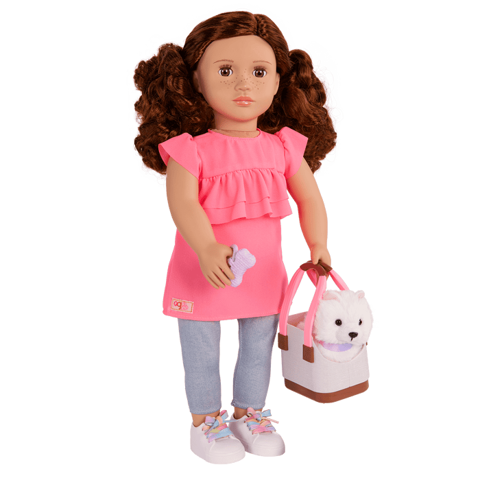 Our Generation 18-inch Doll Becca and her pet dog Pearl with pet accessories