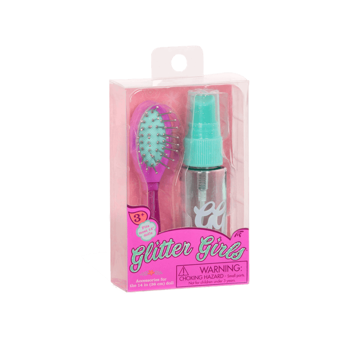 Toy hair brush and spray bottle for dolls