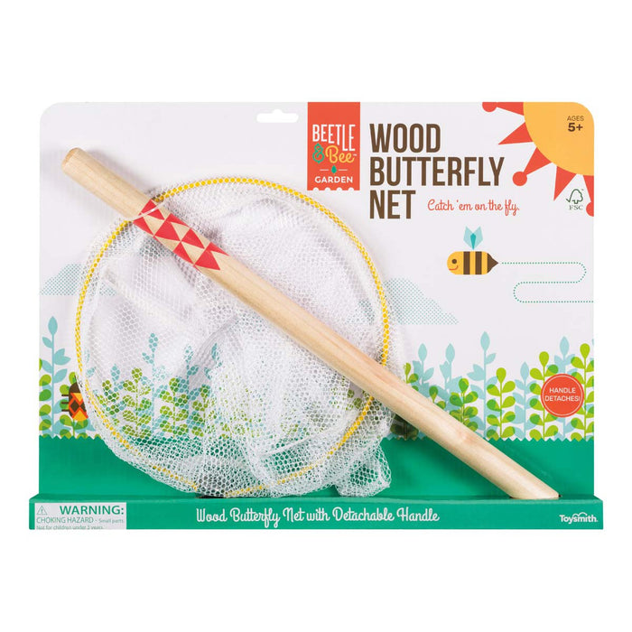 The Beetle & Bee Garden Butterfly Net by Beetle & Bee Garden has a detachable wood handle, comes on colorful backing with bee and butterfly art, is for ages 5+, and includes a choking hazard warning—perfect for nature adventures.