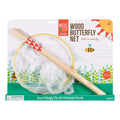 The Beetle & Bee Garden Butterfly Net by Beetle & Bee Garden has a detachable wood handle, comes on colorful backing with bee and butterfly art, is for ages 5+, and includes a choking hazard warning—perfect for nature adventures.