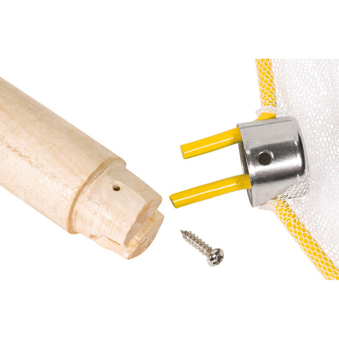 Close-up of the Beetle & Bee Garden Butterfly Net handle by Beetle & Bee Garden, featuring a notched wooden rod, metal connector with two yellow wires, white mesh with yellow trim, and a small metal screw—ideal for garden adventures.