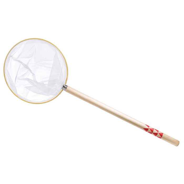 The Beetle & Bee Garden Butterfly Net by Beetle & Bee Garden features a white mesh net, wooden handle, and red geometric pattern—ideal for nature adventures or as a fun garden toy. Shown on a white background.