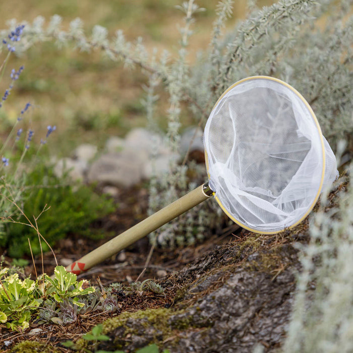The Beetle & Bee Garden Butterfly Net by Beetle & Bee Garden, featuring a wooden handle and white mesh, rests on the ground amid green plants and dried grass—perfect for outdoor nature adventures.