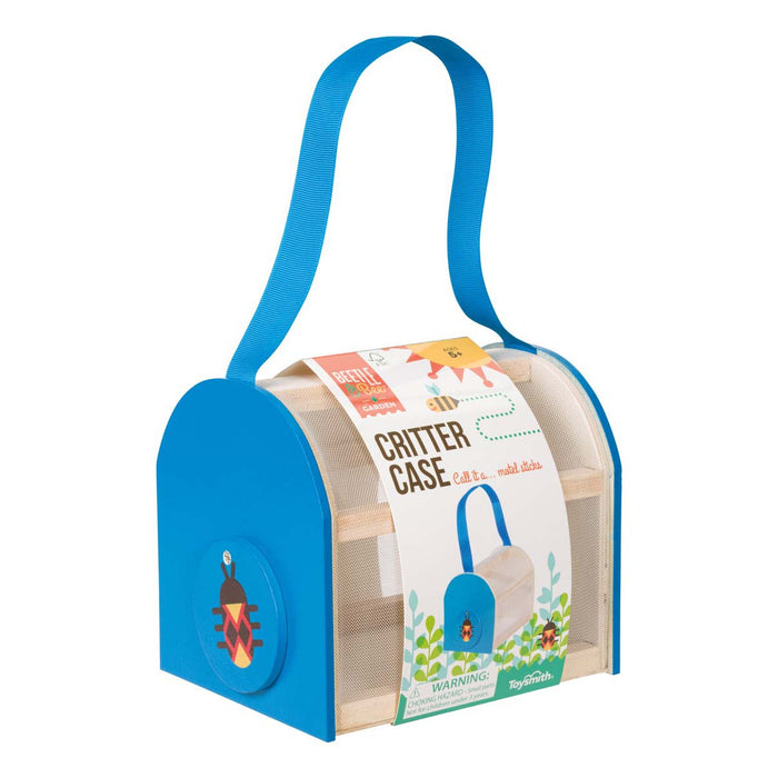 The Beetle & Bee Garden Critter Case by Beetle & Bee Garden features blue and transparent sides with mesh, a sturdy handle, and ladybug-themed packaging—perfect for safely observing insects on your outdoor adventures.