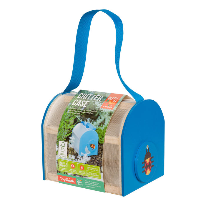The Beetle & Bee Garden Critter Case by Beetle & Bee Garden features a blue and beige design with a transparent mesh body and blue handle—ideal for kids to collect and observe insects outdoors. The label shows a cartoon beetle and product info.