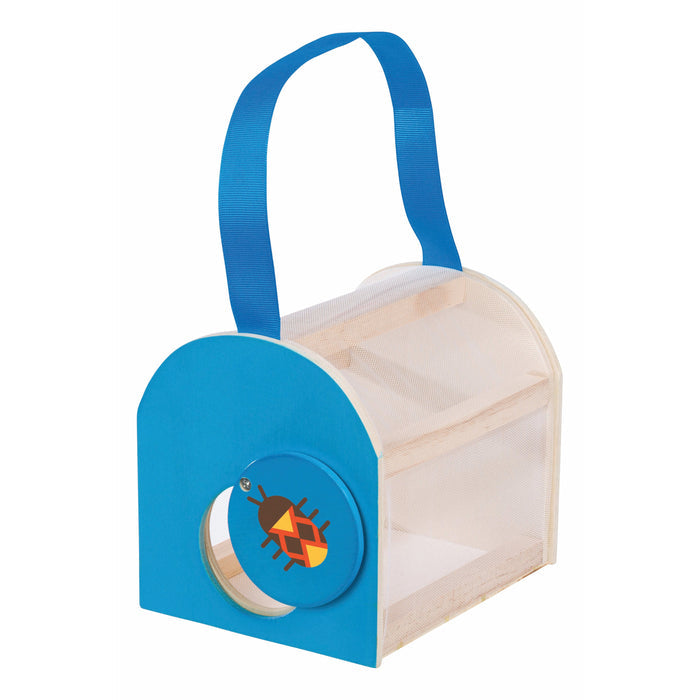 The Beetle & Bee Garden Critter Case by Beetle & Bee Garden features a blue and white mesh design, a top handle, side circular opening, and a bug illustration—ideal for outdoor adventures or making a mini bug habitat.