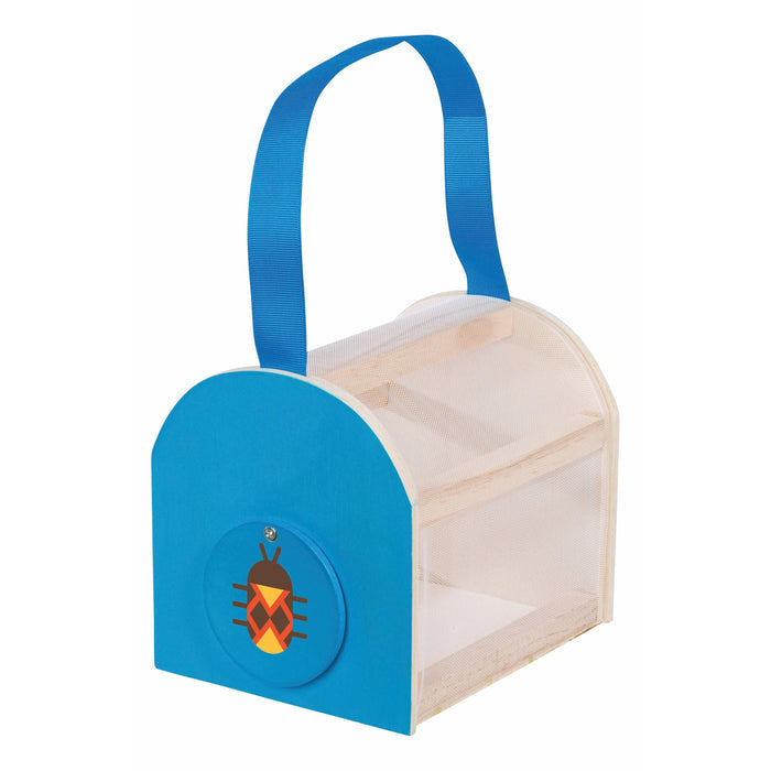 The Beetle & Bee Garden Critter Case by Beetle & Bee Garden features a blue carrying handle, flat blue ends, clear mesh sides, and a cartoon ladybug design—perfect for outdoor bug-collecting adventures.