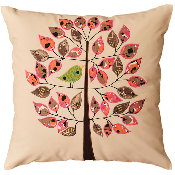 Beige Tree of Life Bird Decorative Pillow Cover Cotton Applique Work 18"x18" - KashmirDesigns