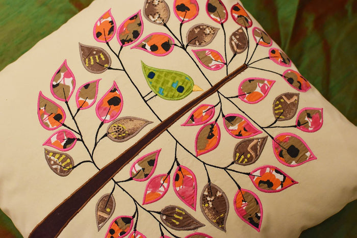Beige Tree of Life Bird Decorative Pillow Cover Cotton Applique Work 18"x18" - KashmirDesigns