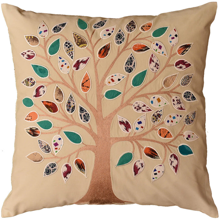 Beige Tree of Life Decorative Pillow Cover Cotton Applique Work Designs 18"x18" - KashmirDesigns