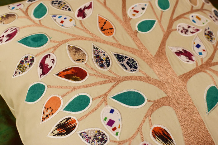 Beige Tree of Life Decorative Pillow Cover Cotton Applique Work Designs 18"x18" - KashmirDesigns